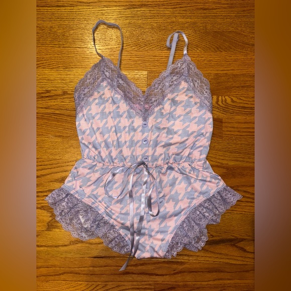 Sugar Thrillz Other - Sugar Thrillz Lace Trim Houndstooth Bodysuit - Purple and Pink